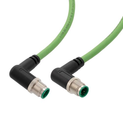 Picture of M12 Category 5e IP67 4 Position D code, Double Shielded, 22AWG Drag Chain, Industrial, Outdoor Cable, 2x RAM12M, CMX HFPUR, GRN, 10m