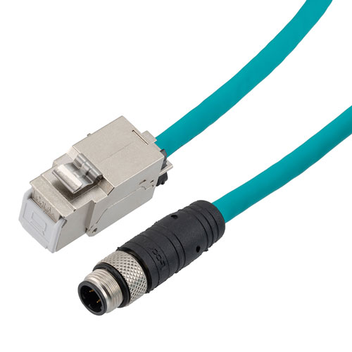 Picture of Category 5e M12 IP68 4 Position D code Double Shielded SF/UTP Industrial Outdoor High Flex Cable, M12 M to RJ45 F, CMX TPE, TEAL, 1.0m