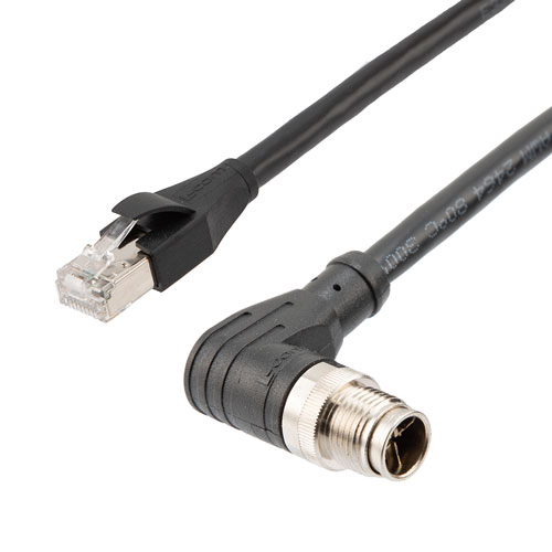 Picture of Cat6a Ethernet Economy M12 8 Position X code Cable, Right Angle IP67 M12 Plug to RJ45 Plug, 26AWG Shielded Outdoor VW-1 PVC Black, 3M