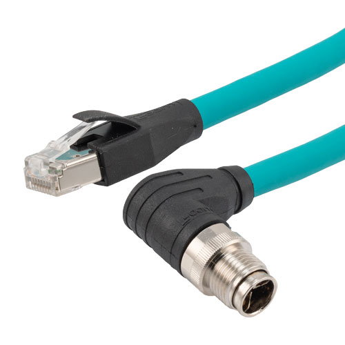 Picture of Category 6a 10g M12 IP67 8 Position X code Double Shielded SF/UTP Industrial Outdoor High Flex Cable, M12 RAM to RJ45 M, CMX TPE, TEAL, 3m