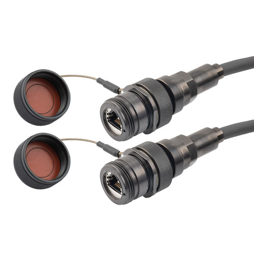 Picture of IP68 Ruggedized Cat6 Cable, Jack to Jack, E-Nickel Finish 24AWG STR CM/CMX FR-TPE BLK w/ Dust Caps, 1.0M