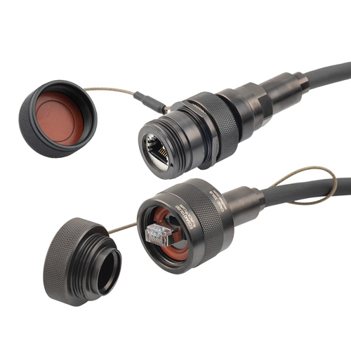 Picture of IP68 Ruggedized Cat6 Cable, Plug to Jack, E-Nickel Finish 24AWG STR CM/CMX FR-TPE BLK w/ Dust Caps, 10.0M