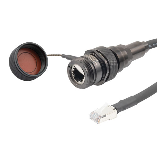 Picture of IP68 Ruggedized Cat6 Cable, Jack to RJ45, E-Nickel Finish 24AWG STR CM/CMX FR-TPE BLK w/ Dust Caps, 5.0M