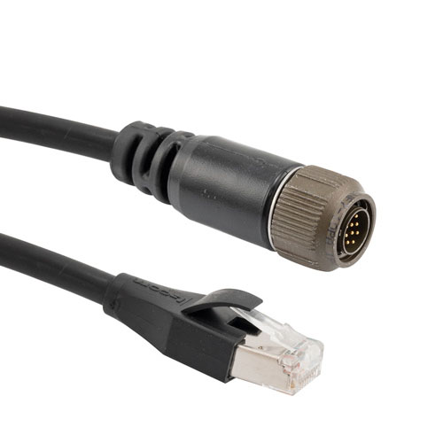Picture of IP67 Rugged Category 5e Cable, Mighty Mouse 10 Pin Male AL-Cadmium w/ Dust Cap to RJ45 Plug, SF/UTP Double Shielded, LSZH, Black, 10.0F