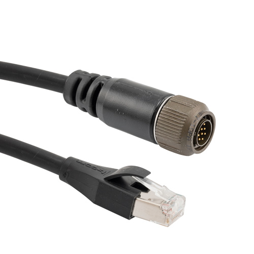 Picture of IP67 Rugged Category 5e Cable, Mighty Mouse 10 Pin Male Al-Cadmium w/ Dust Cap to RJ45 Plug, SF/UTP Double Shielded, LSZH, Black, 1.0F