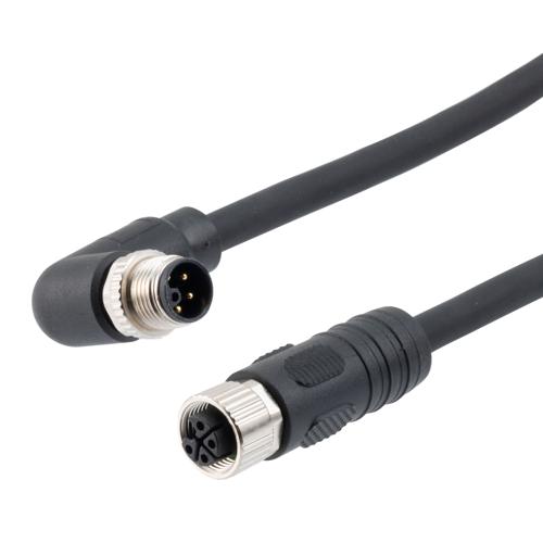 Picture of M12 4 Position IP67 L-Code Pigtail Cable Assembly, Unshielded 16AWG PUR Jacket, Right Angle Male to Female, Black 0.5m