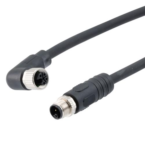 Picture of M12 4 Position IP67 L-Code Pigtail Cable Assembly, Unshielded 16AWG PUR Jacket, Male to Right Angle Female, Black 3m