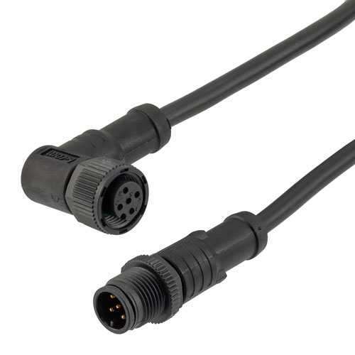 Picture of M12 5 Position A-code Male to Right Angle Female Sensor Signal Cable, Light Weight Plastic Nut, 22AWG, PVC, IP68 Waterproof, Black, 5M