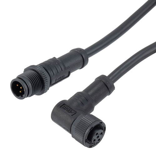 Picture of IP68 Waterproof M12 5 Position B-code, Sensor Signal Cable, Light Weight Plastic Nut, 22AWG, PVC, Male To Right Angle Female, Black, 1M