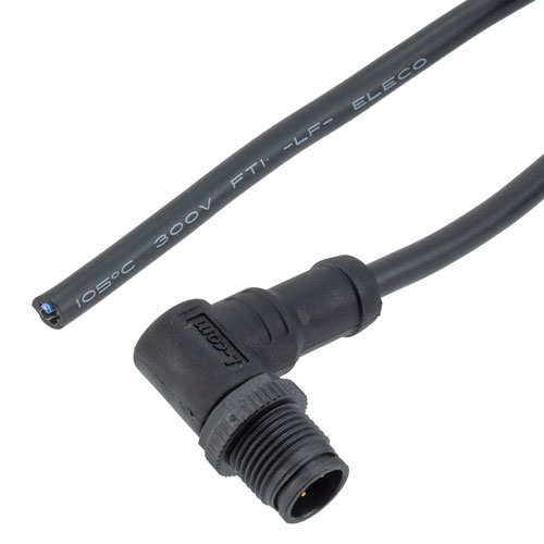 Picture of IP68 Waterproof M12 5 Position B-code, Sensor Signal Cable, Light Weight Plastic Nut, 22AWG, PVC, Right Angle Male To Open, Black, 5M