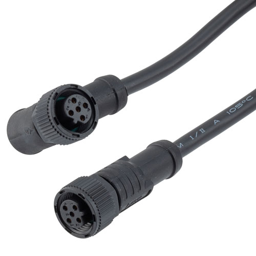 Picture of IP68 Waterproof M12 5 Position B-code, Sensor Signal Cable, Light Weight Plastic Nut, 22AWG, PVC, Female To Right Angle Female, Black, 5M