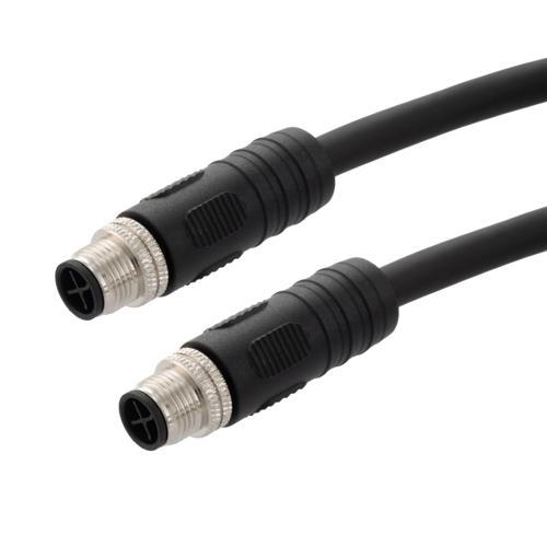 Picture of M12 4 Position IP67 S-Code AC Power Shielded Cable Assembly, 16AWG 630V 12A, Industrial Drag Chain HFPUR Jacket, Male to Male, Black, 5.0m