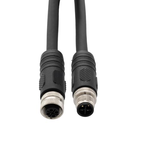 Picture of M12 4 Position IP67 S-Code AC Power Shielded Cable Assembly, 16AWG 630V 12A, Industrial Drag Chain HFPUR Jacket, Male to Female, Black, 5.0m