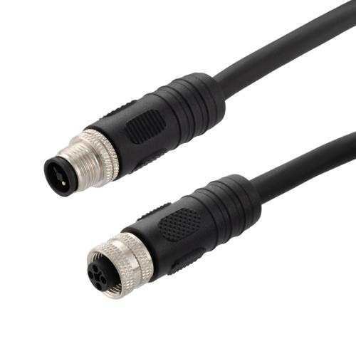 Picture of M12 4 Position IP67 T-Code DC Power Cable Assembly, 16AWG 63V 12A, Industrial Drag Chain PUR Jacket, Male to Female, Black, 5.0m
