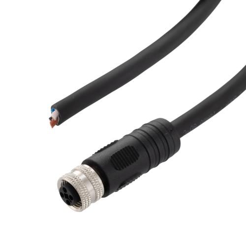 Picture of M12 4 Position IP67 T-Code DC Power Cable Assembly, 16AWG 63V 12A, Industrial Drag Chain PUR Jacket, Female to Open, Black, 1.0m