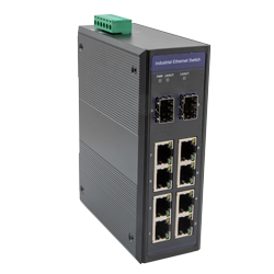 Picture of 10 Port Industrial Ethernet DIN Rail Switch, 8x RJ45 10/100TX PoE 802.3at 30W/port 120W Total Budget, 1x RJ45 10/100/1000TX, 1x SFP 1000FX
