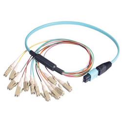 Picture of MPO Male to 12x LC Fan-out, 12 Fiber Ribbon, OM3 10G 50/125 Multimode, OFNR Jacket, Aqua, 0.5m