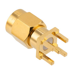 Picture of RF PCB Connector, SMA, Male,  Up to 18 GHz, Through Hole, Straight, 0.2 INCH X 0.063 INCH Hole spacing