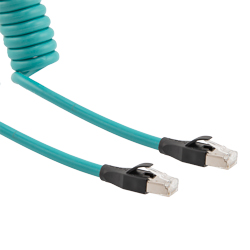 Picture of Category 5e Ethernet Coil Cord, RJ45-RJ45 180D Tangents, F/UTP Foil Shielded 26AWG High Flex Industrial Zero Halogen TPU Teal, 5 to 30F