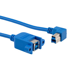 USB 3.0 Cable Assembly, Type B Panel Mount Female Jack to Type B 90 Degree Right Angle Male Plug, 30/24AWG, Blue, 0.5M