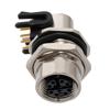 Picture of M12 Shielded Panel Mount Connector, IP67 8 Position X-code Female Receptacle, Right Angle PCB Solder, M16 Front Mounting Style
