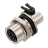 Picture of M12 Shielded Panel Mount Connector, IP67 8 Position X-code Female Receptacle, Right Angle PCB Solder, M16 Front Mounting Style