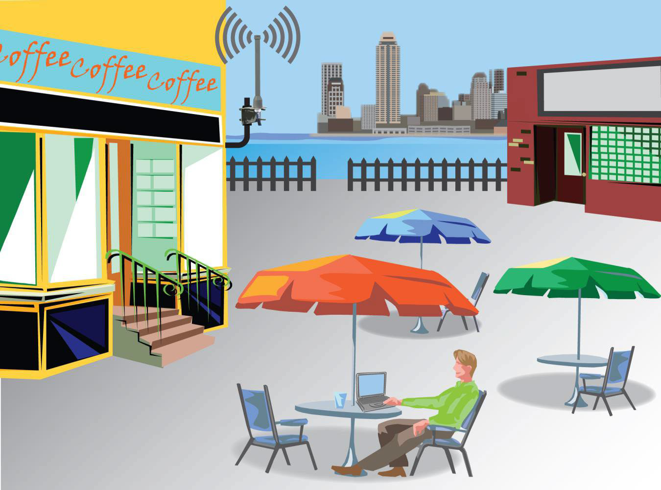 Omni antenna providing WiFi coverage across an outdoor cafe