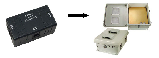 PoE injector mounted inside a weatherproof NEMA enclosure