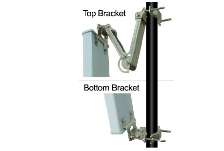 Sector antenna with upper and lower articulated clamp brackets on a pole